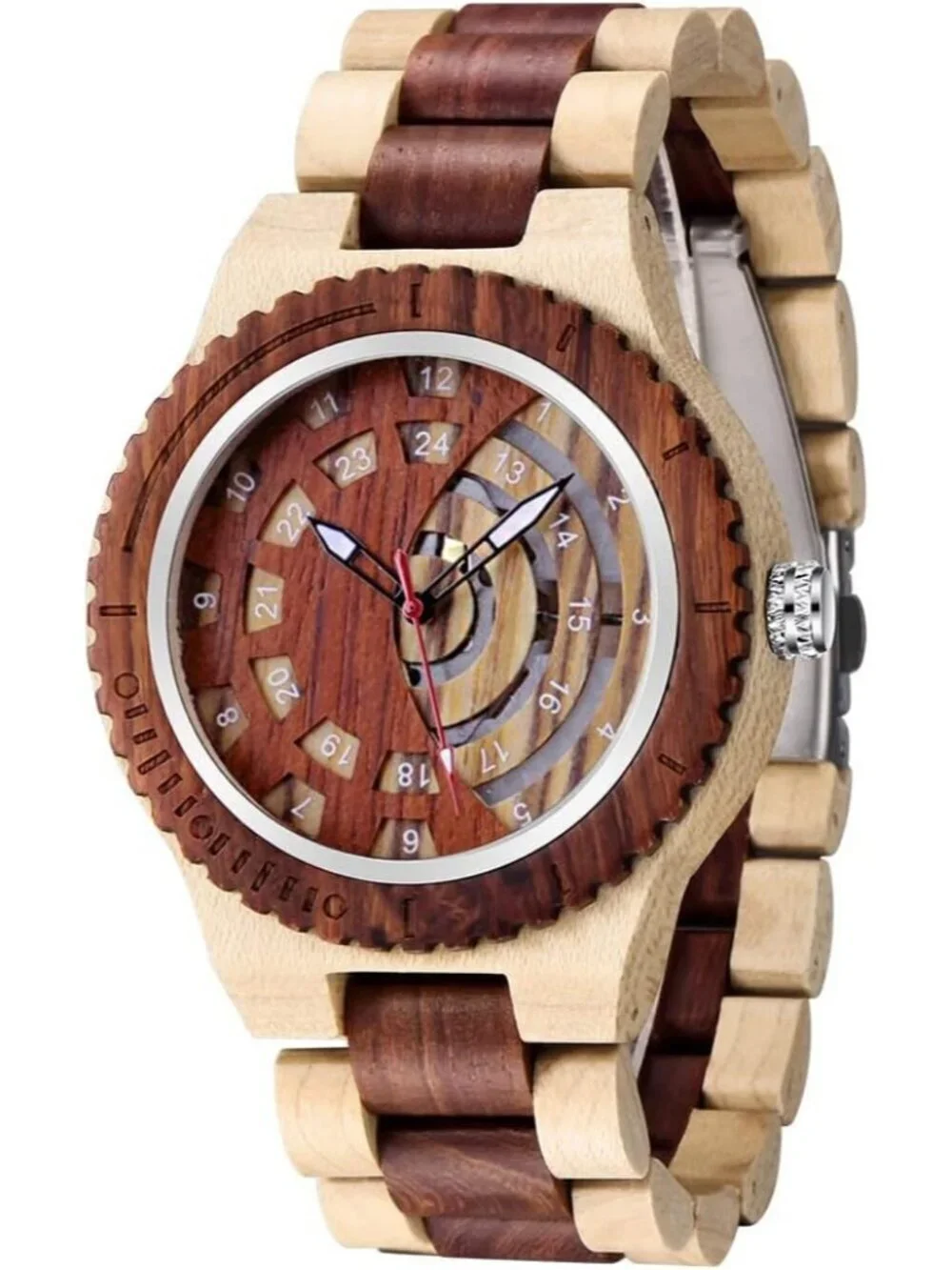 Men's Red Brown Classic Handmade Round Bamboo Analog Date Quartz Wooden Watch